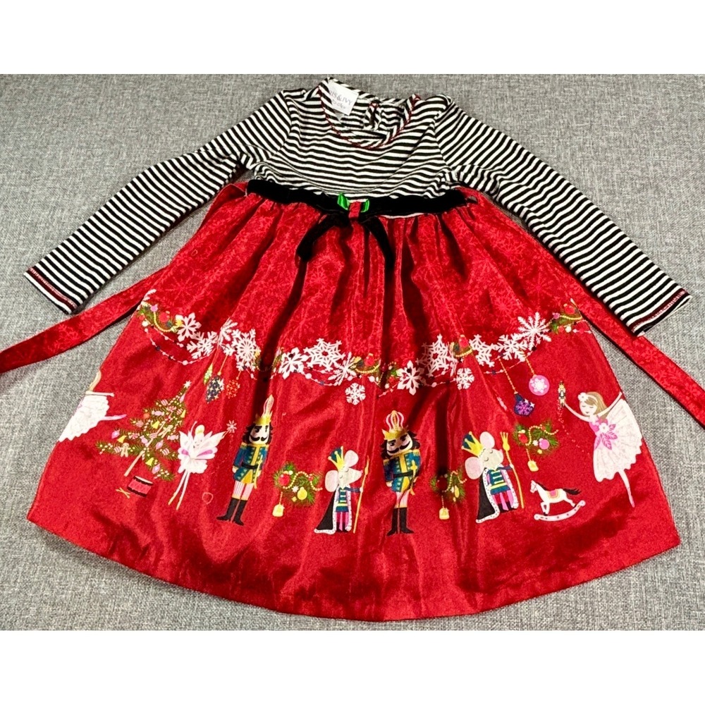 Iris & Ivy Girls Holiday Nutcracker Dress 6X Red Black Stripe Velvet Bow